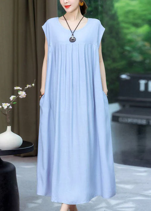 Plus Size Green O Neck Wrinkled Patchwork Cotton Dress Summer - Image 5