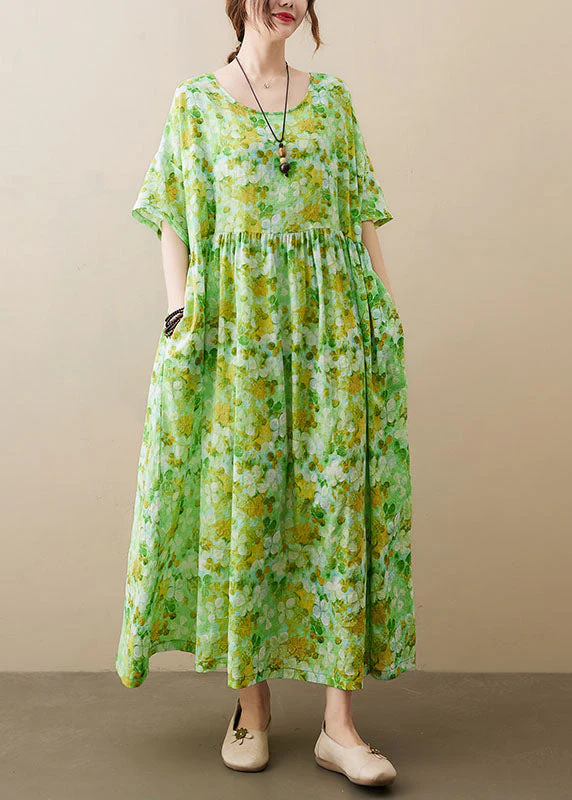 Plus Size Green O-Neck Wrinkled Patchwork Cotton Long Dress Short Sleeve - Image 2