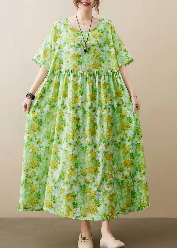 Plus Size Green O-Neck Wrinkled Patchwork Cotton Long Dress Short Sleeve - Image 3