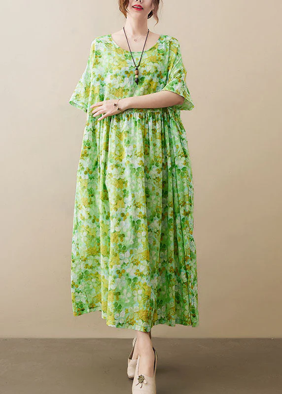 Plus Size Green O-Neck Wrinkled Patchwork Cotton Long Dress Short Sleeve - Image 4