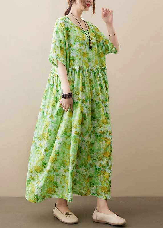 Plus Size Green O-Neck Wrinkled Patchwork Cotton Long Dress Short Sleeve - Image 5
