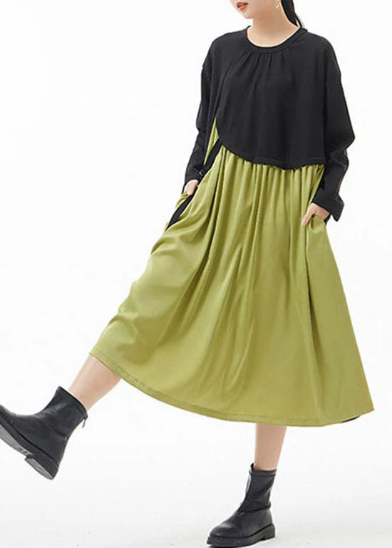 Plus Size Green O-Neck wrinkled Patchwork Dresses Spring - Image 2