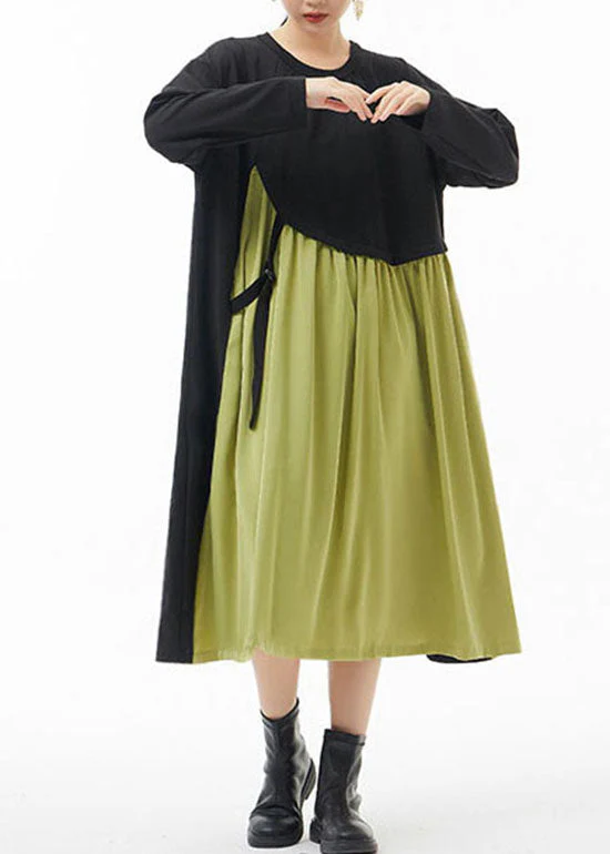 Plus Size Green O-Neck wrinkled Patchwork Dresses Spring - Image 3