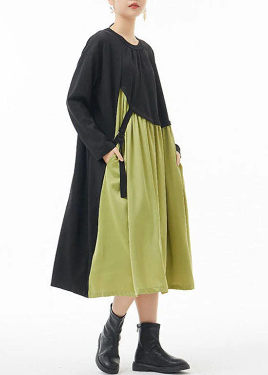 Plus Size Green O-Neck wrinkled Patchwork Dresses Spring - Image 4