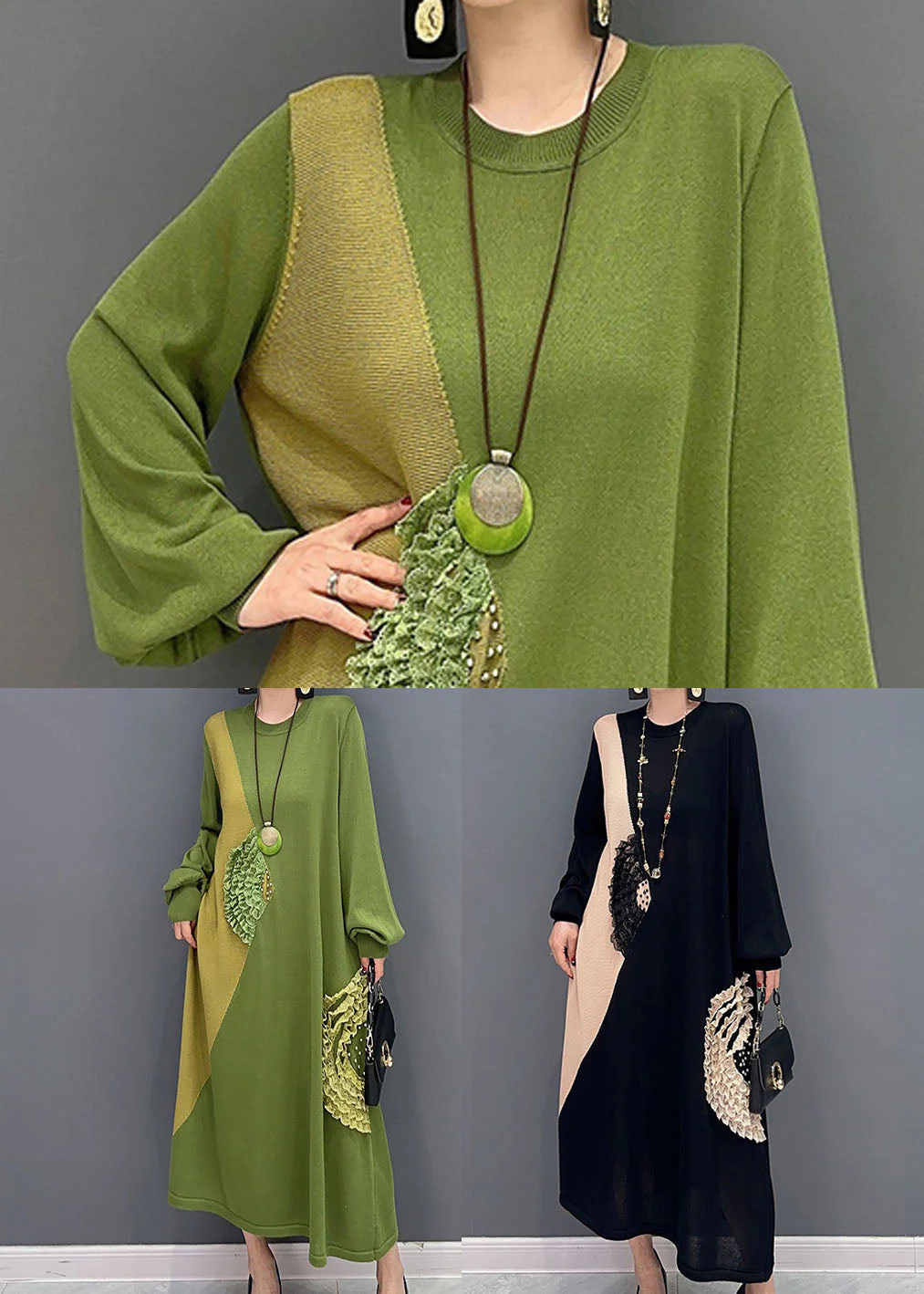 Plus Size Green Oversized Patchwork Knit Party Dress Summer - Image 5