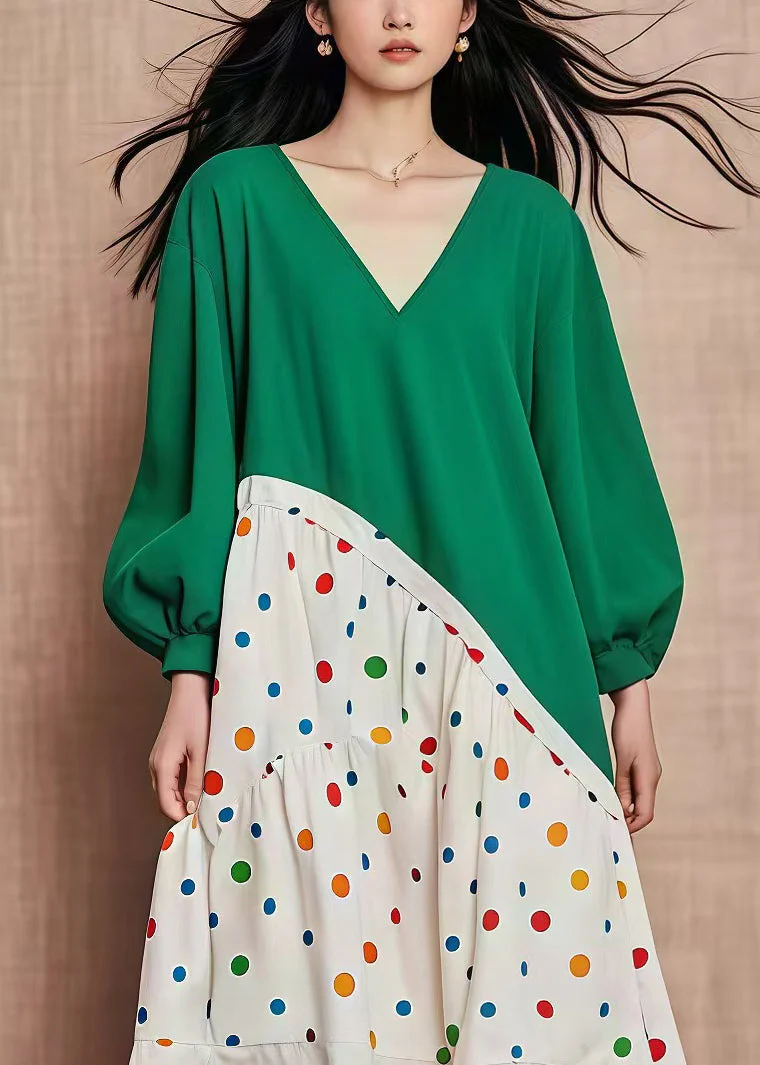 Plus Size Green Oversized Patchwork Print Cotton Dresses Fall - Image 2