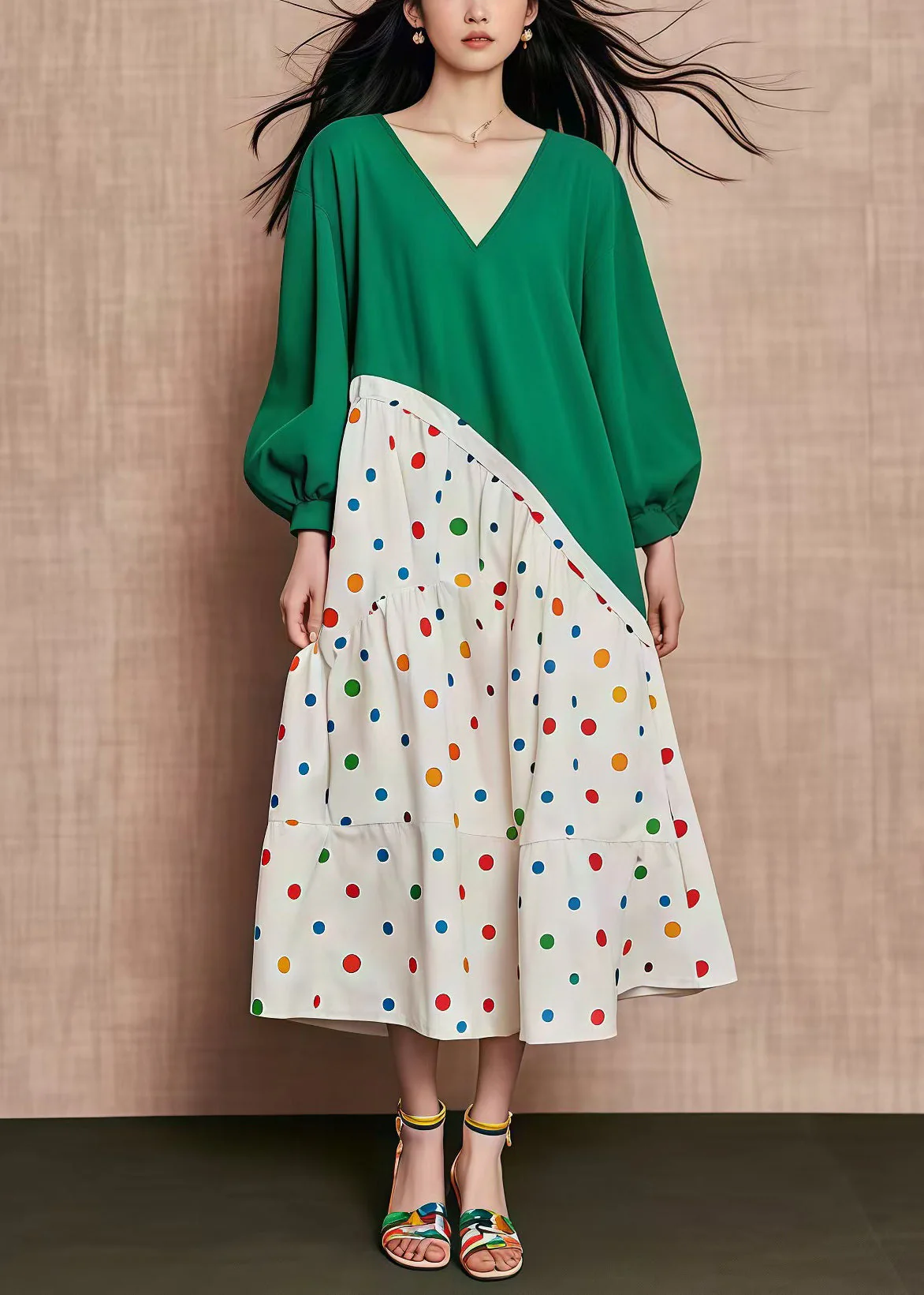 Plus Size Green Oversized Patchwork Print Cotton Dresses Fall - Image 3