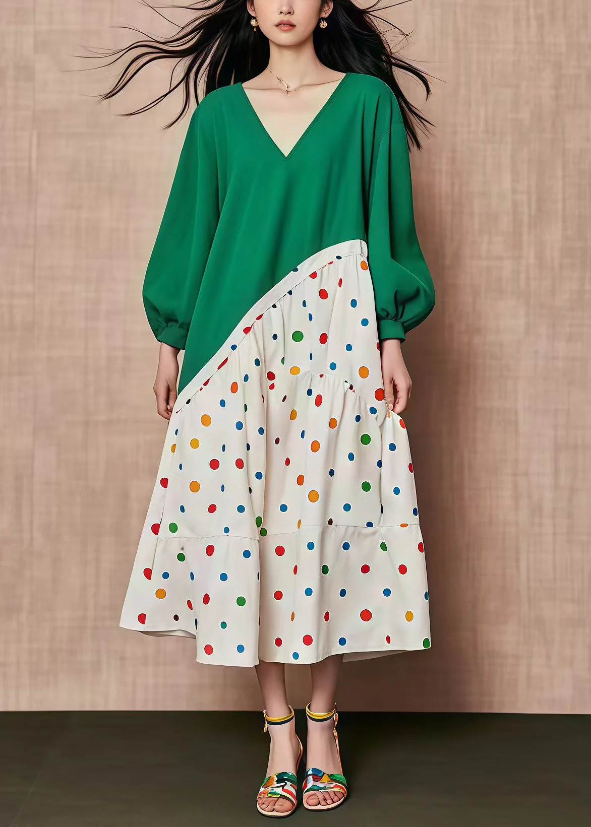 Plus Size Green Oversized Patchwork Print Cotton Dresses Fall - Image 5