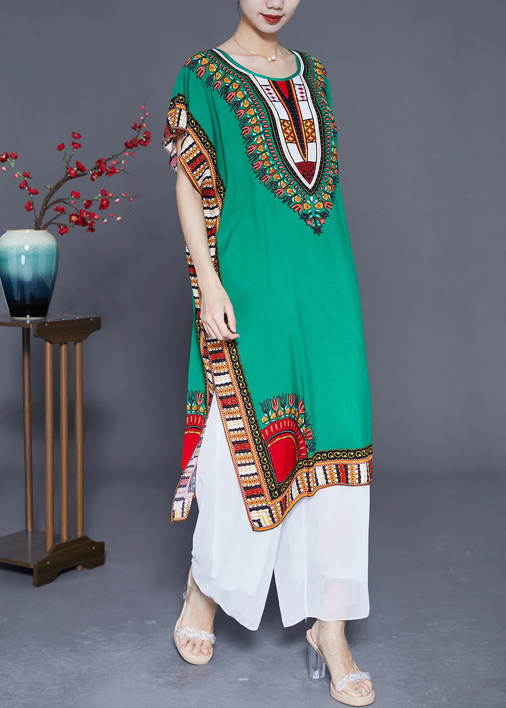 Plus Size Green Oversized Print Cotton Maxi Dresses Summer - Image 3