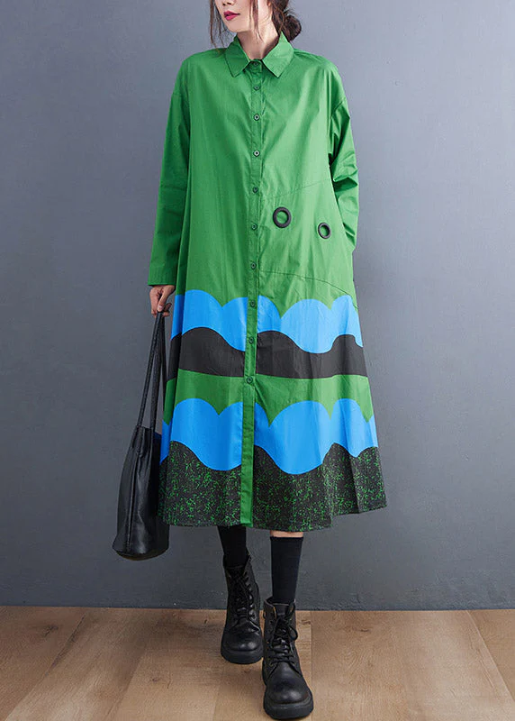 Plus Size Green Peter Pan Collar Button Print Shirt Dress Spring - Image 2