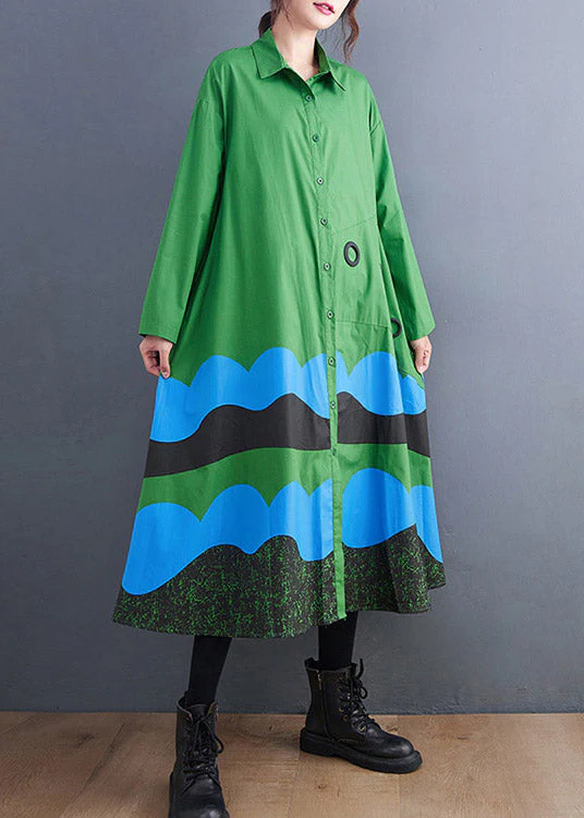 Plus Size Green Peter Pan Collar Button Print Shirt Dress Spring - Image 3