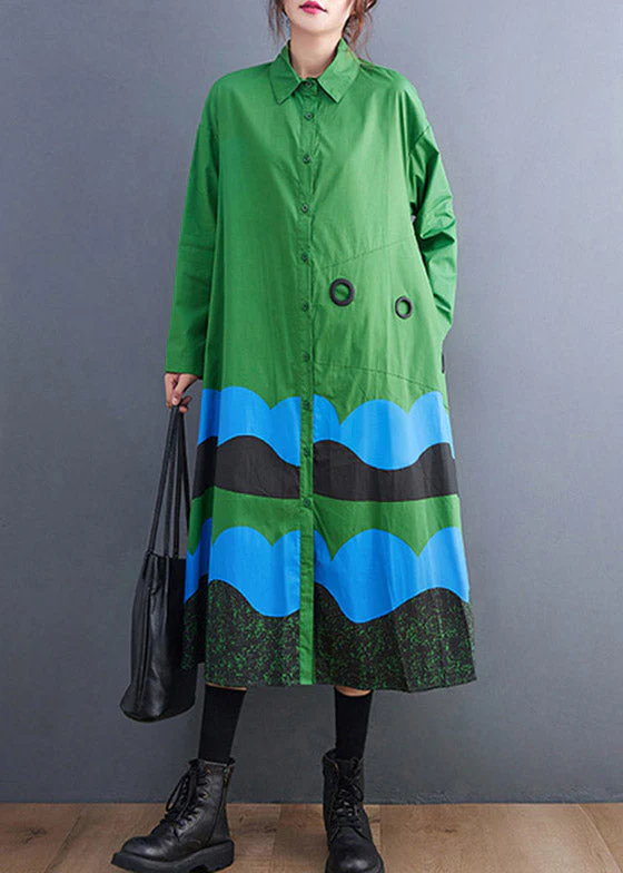 Plus Size Green Peter Pan Collar Button Print Shirt Dress Spring - Image 4