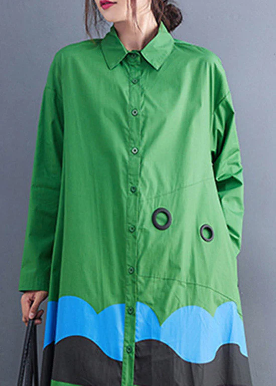 Plus Size Green Peter Pan Collar Button Print Shirt Dress Spring - Image 5