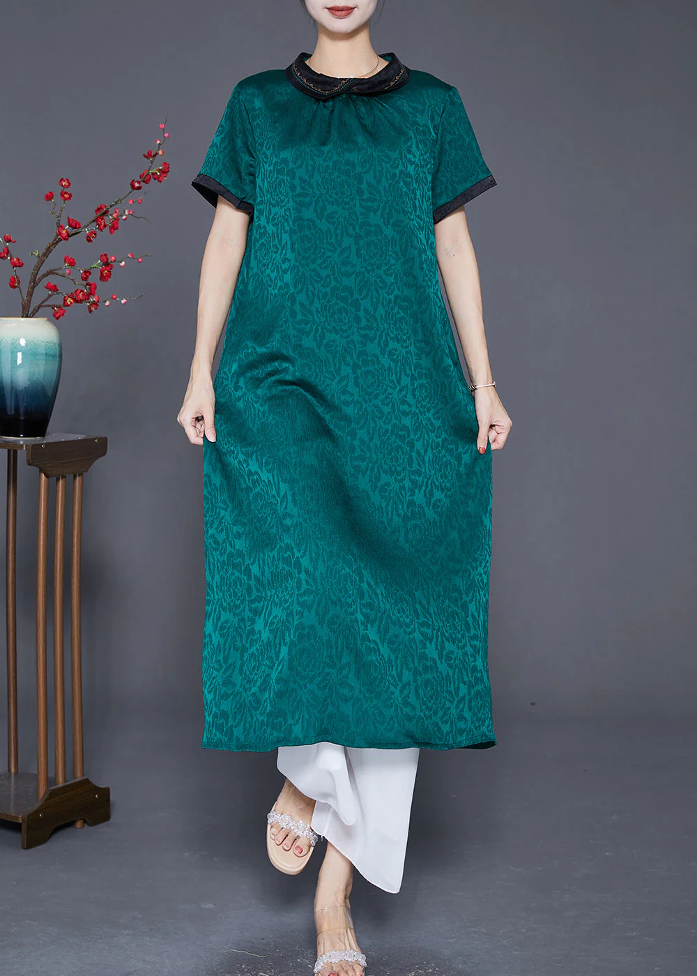 Plus Size Green Peter Pan Collar Patchwork Jacquard Silk Dress Summer - Image 2