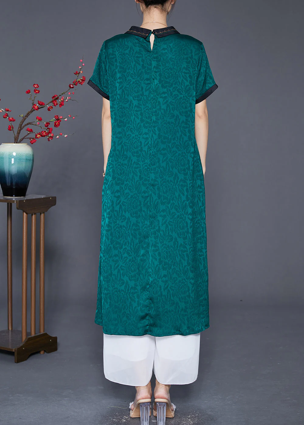 Plus Size Green Peter Pan Collar Patchwork Jacquard Silk Dress Summer - Image 4