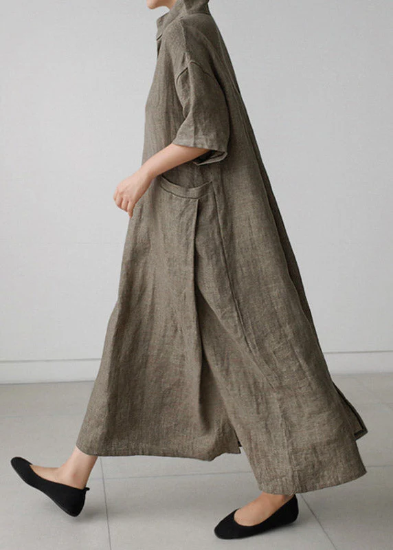 Plus Size Green Peter Pan Collar Pockets Linen Long Dresses Short Sleeve - Image 7