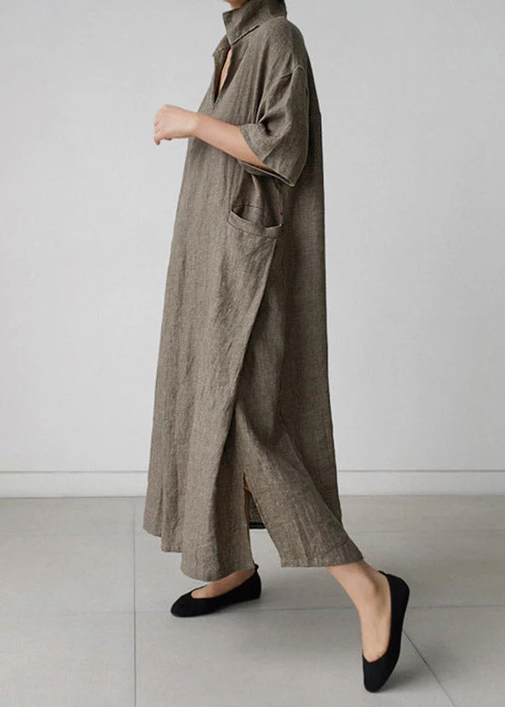 Plus Size Green Peter Pan Collar Pockets Linen Long Dresses Short Sleeve - Image 8