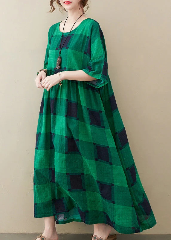 Plus Size Green Plaid O-Neck Pockets wrinkled Long Dresses Half Sleeve - Image 2