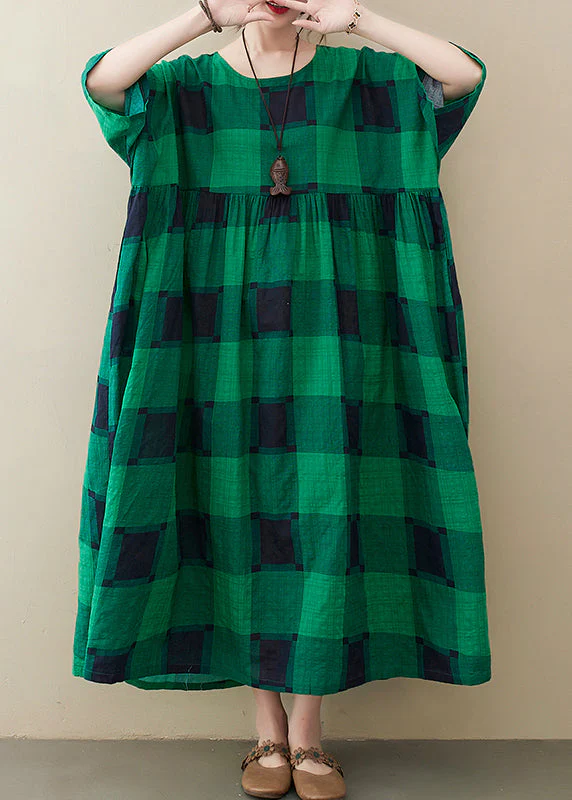 Plus Size Green Plaid O-Neck Pockets wrinkled Long Dresses Half Sleeve - Image 4