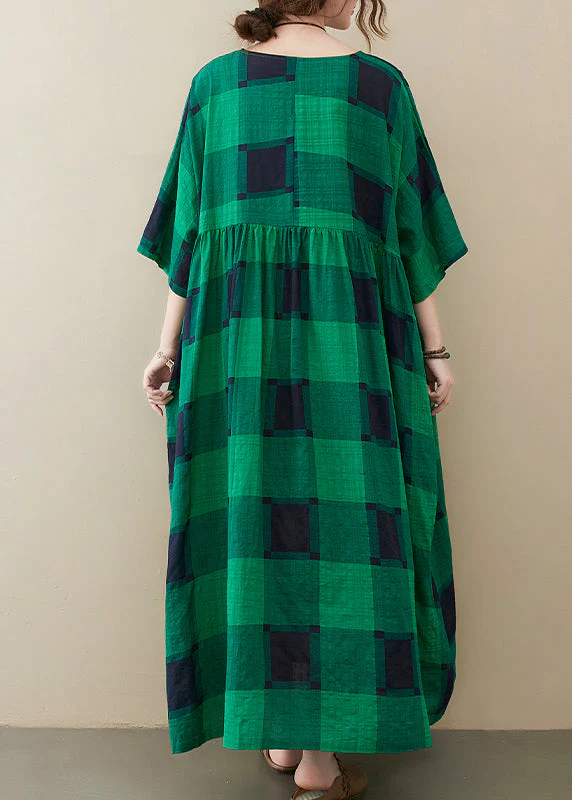 Plus Size Green Plaid O-Neck Pockets wrinkled Long Dresses Half Sleeve - Image 5
