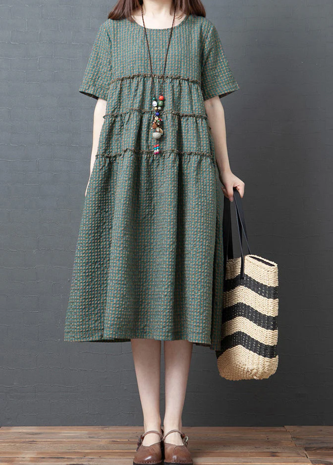 Plus Size Green Plaid O-Neck Wrinkled Patchwork Linen Party Dress Short Sleeve