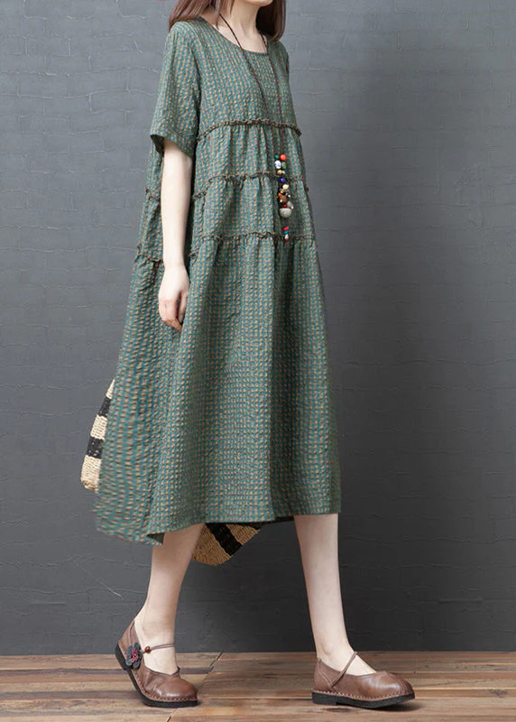 Plus Size Green Plaid O-Neck Wrinkled Patchwork Linen Party Dress Short Sleeve - Image 2
