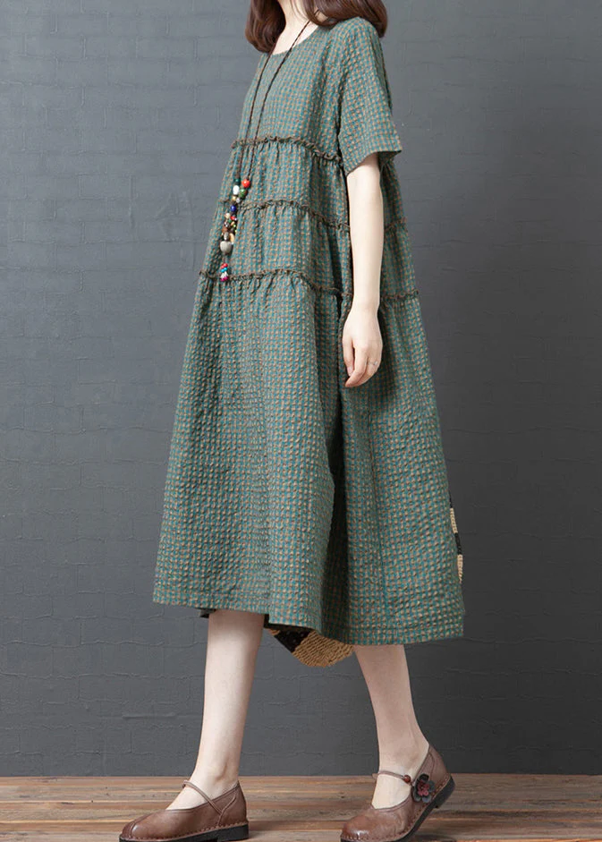 Plus Size Green Plaid O-Neck Wrinkled Patchwork Linen Party Dress Short Sleeve - Image 3
