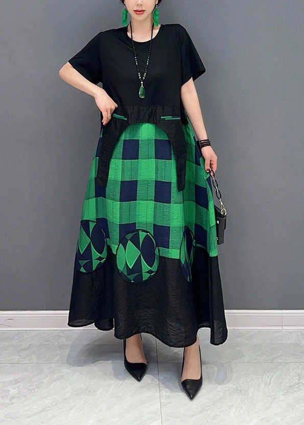 Plus Size Green Plaid Patchwork Exra Large Hem A Line Dresses Summer - Image 2