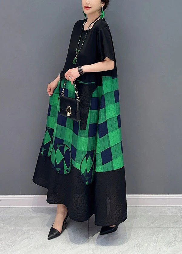 Plus Size Green Plaid Patchwork Exra Large Hem A Line Dresses Summer - Image 3