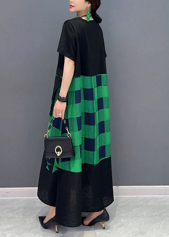 Plus Size Green Plaid Patchwork Exra Large Hem A Line Dresses Summer - Image 4