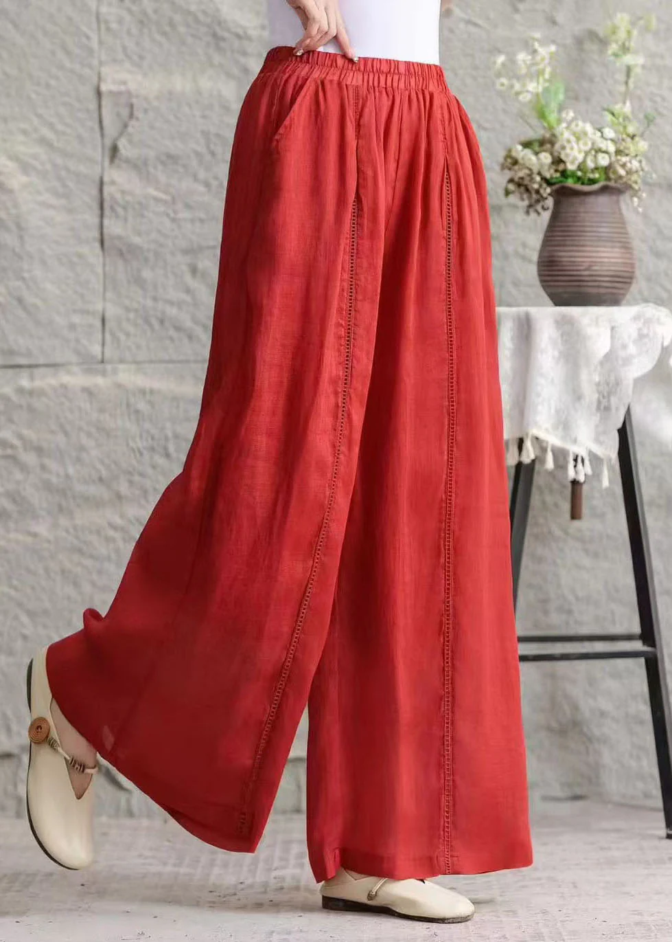 Plus Size Green Pockets Hollow Out Patchwork Linen Pants Summer - Image 2