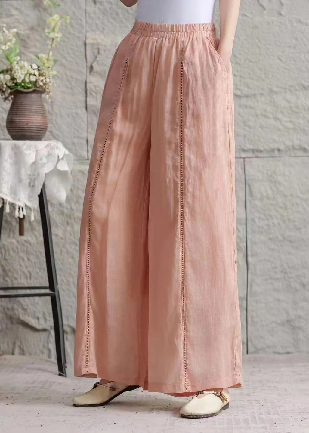 Plus Size Green Pockets Hollow Out Patchwork Linen Pants Summer - Image 3