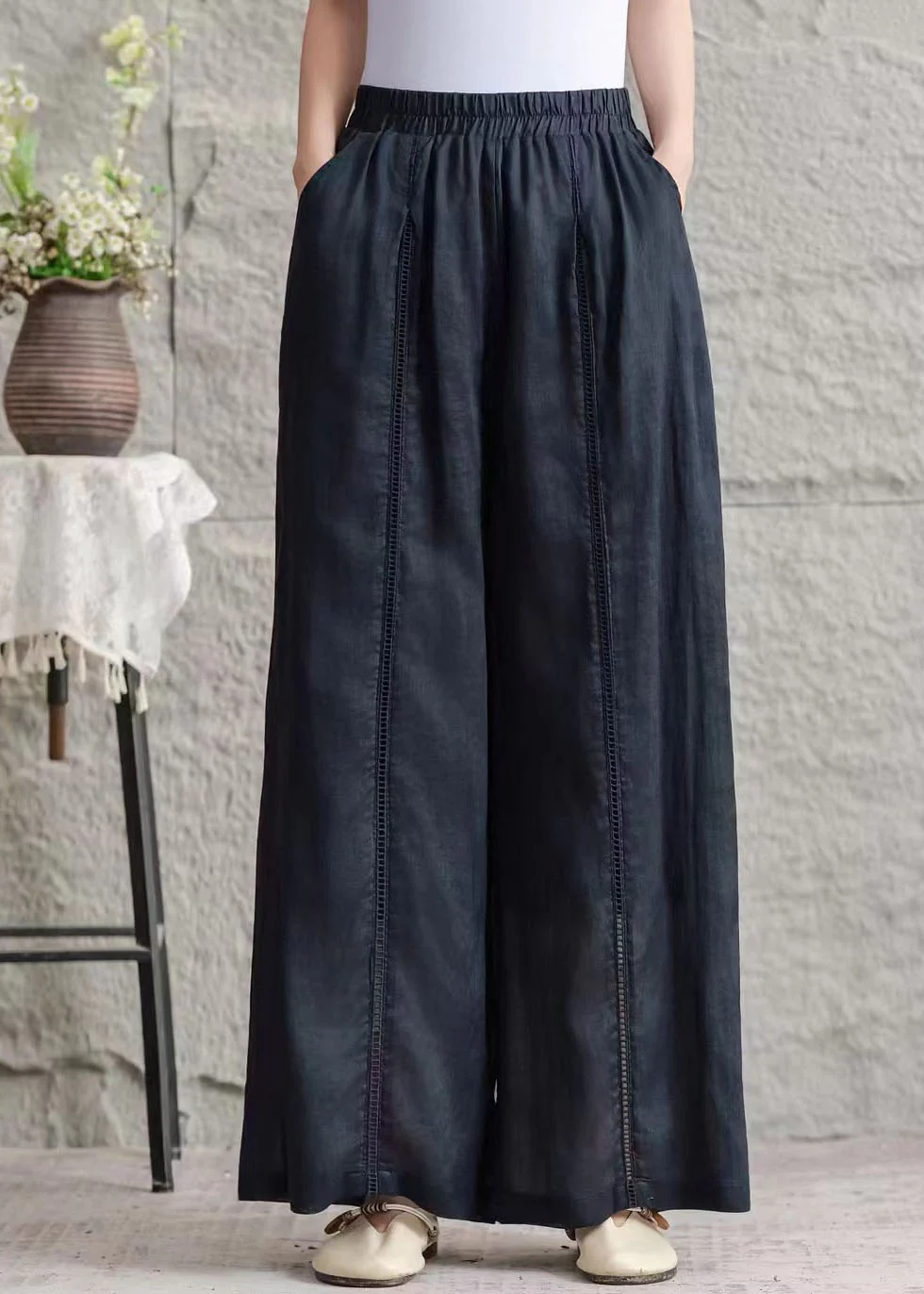 Plus Size Green Pockets Hollow Out Patchwork Linen Pants Summer - Image 4