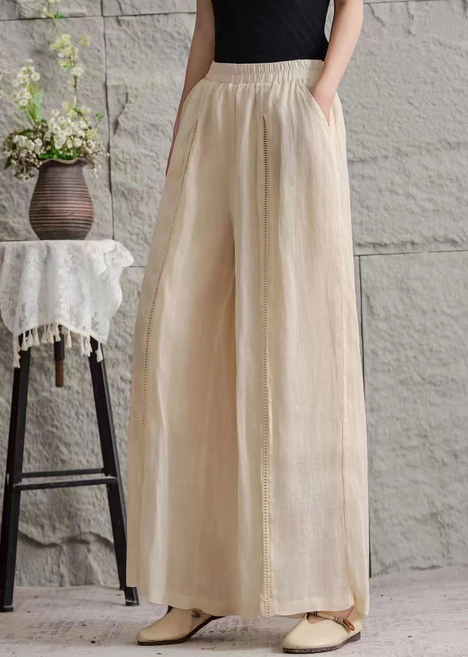 Plus Size Green Pockets Hollow Out Patchwork Linen Pants Summer - Image 5