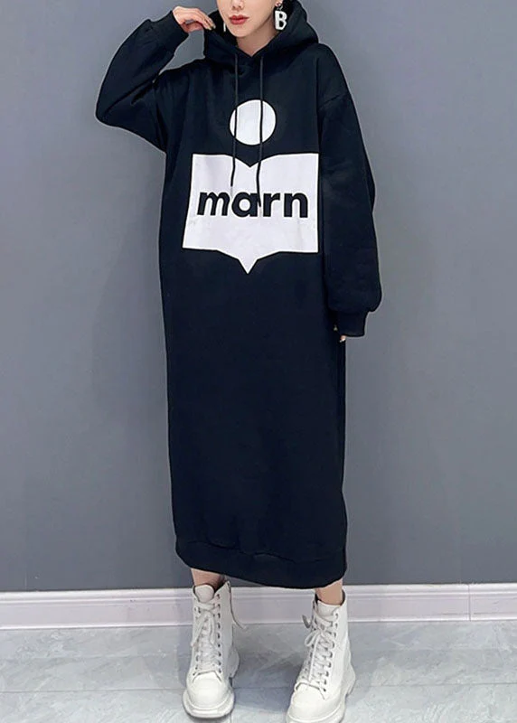 Plus Size Green Print Cotton Hooded Maxi Dress Fall - Image 2