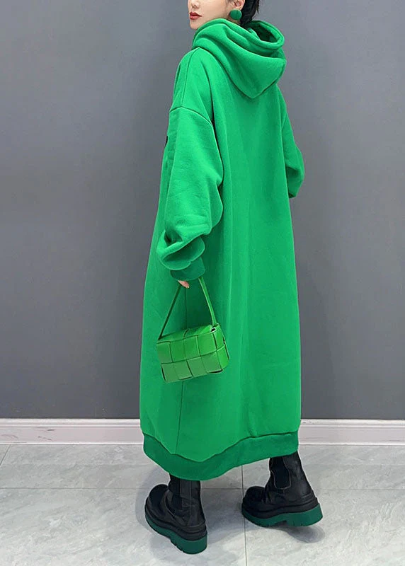 Plus Size Green Print Cotton Hooded Maxi Dress Fall - Image 5