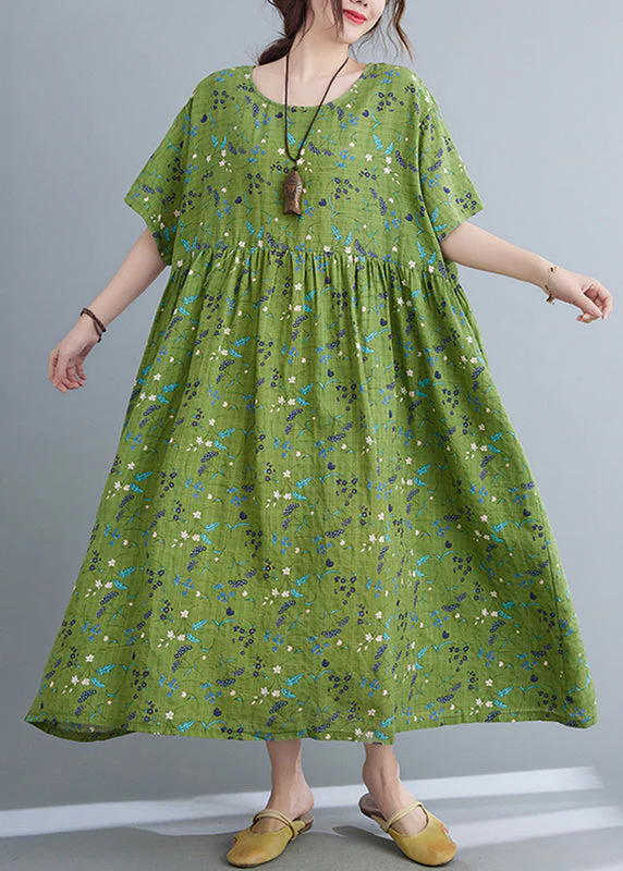 Plus Size Green Print Patchwork Long Dress Short Sleeve - Image 2