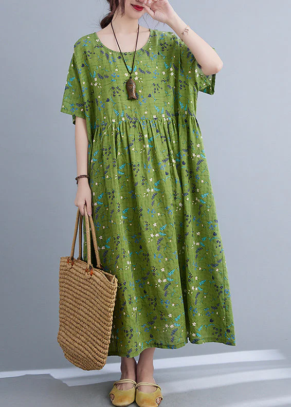 Plus Size Green Print Patchwork Long Dress Short Sleeve - Image 3