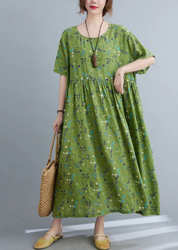 Plus Size Green Print Patchwork Long Dress Short Sleeve - Image 4