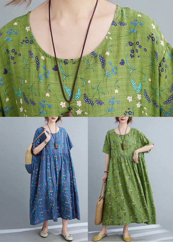 Plus Size Green Print Patchwork Long Dress Short Sleeve - Image 5