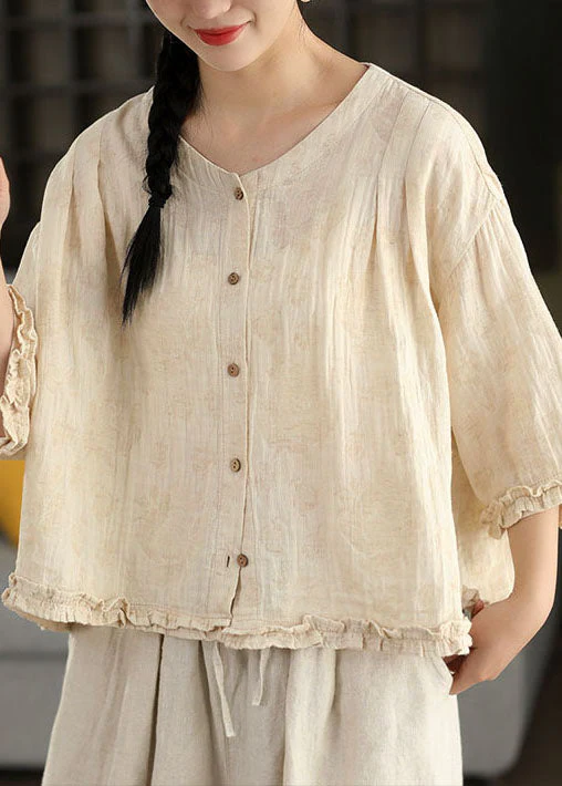 Plus Size Green Ruffled Jacquard Linen Blouses Bracelet Sleeve - Image 2