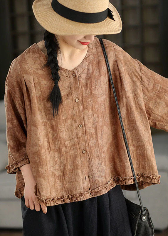 Plus Size Green Ruffled Jacquard Linen Blouses Bracelet Sleeve - Image 3