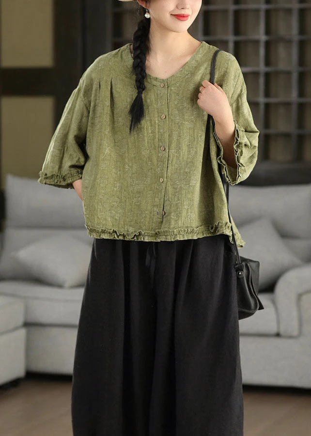 Plus Size Green Ruffled Jacquard Linen Blouses Bracelet Sleeve - Image 4