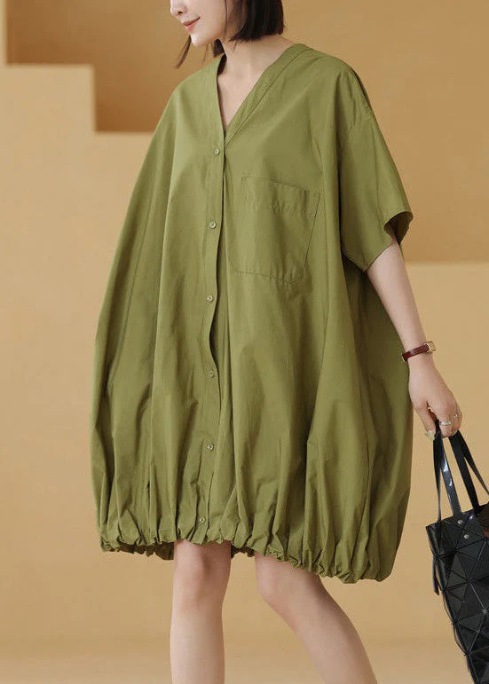 Plus Size Green Solid Button Cotton Shirts Mid Dress Short Sleeve - Image 2