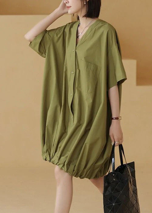 Plus Size Green Solid Button Cotton Shirts Mid Dress Short Sleeve - Image 3