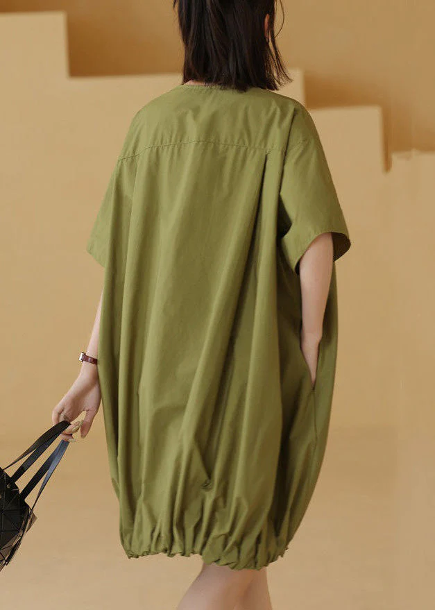 Plus Size Green Solid Button Cotton Shirts Mid Dress Short Sleeve - Image 4