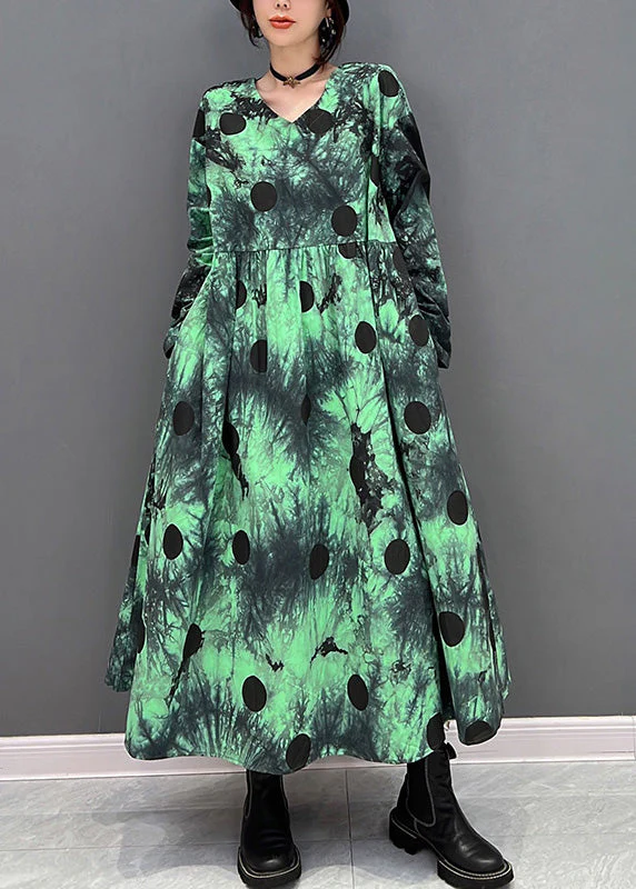 Plus Size Green V Neck Dot Holiday Maxi Shirts Dress Long Sleeve - Image 2