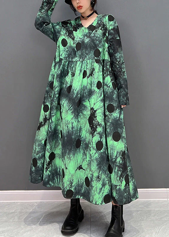 Plus Size Green V Neck Dot Holiday Maxi Shirts Dress Long Sleeve - Image 3