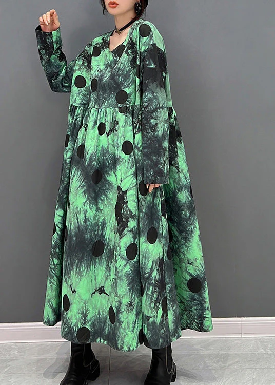 Plus Size Green V Neck Dot Holiday Maxi Shirts Dress Long Sleeve - Image 4