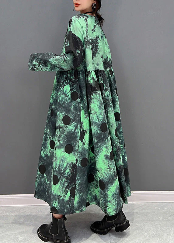 Plus Size Green V Neck Dot Holiday Maxi Shirts Dress Long Sleeve - Image 5